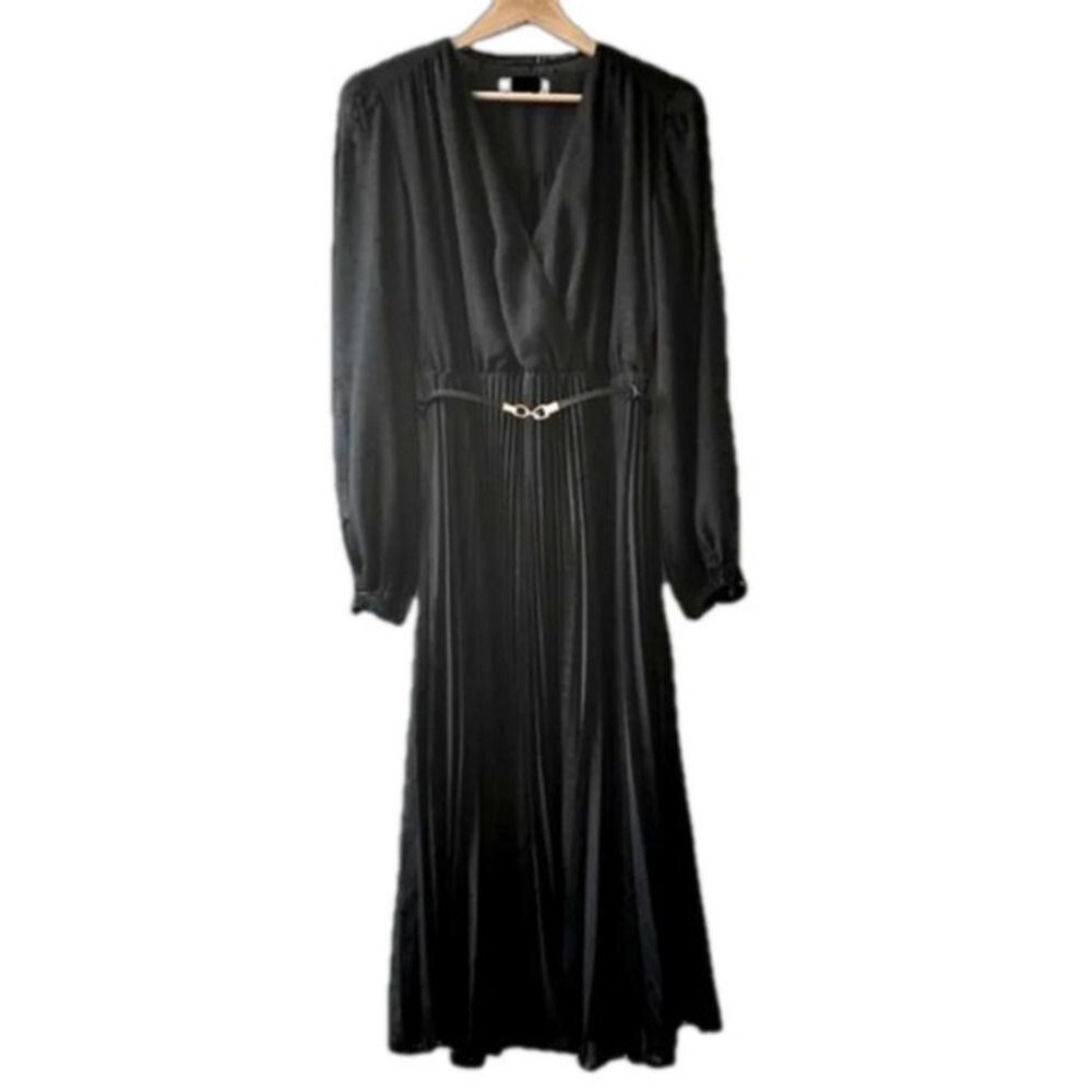 Mango Black Midi Dress Size 8 Long Sleeve Belted Silver Metallic Cocktail LBD